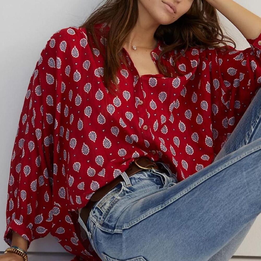 Anthropologie Pamela Red Cotton Boho Block Print Pattern Blouse Size Large